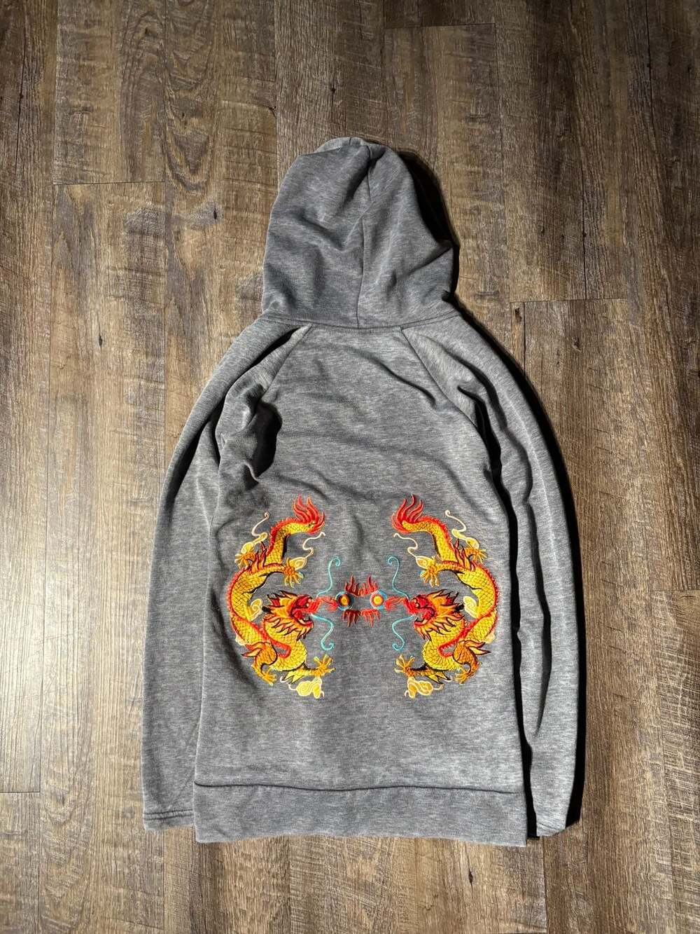 Roxy Heather Grey Deep V-Neck Embroidered Dragon Hoodie